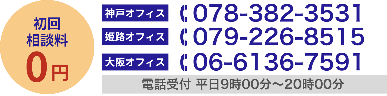 初回相談料0円 神戸オフィスTEL：078-382-3531 姫路オフィスTEL：079-226-8515  大阪オフィスTEL：06-6136-7591 電話受付時間：平日9:00～20:00